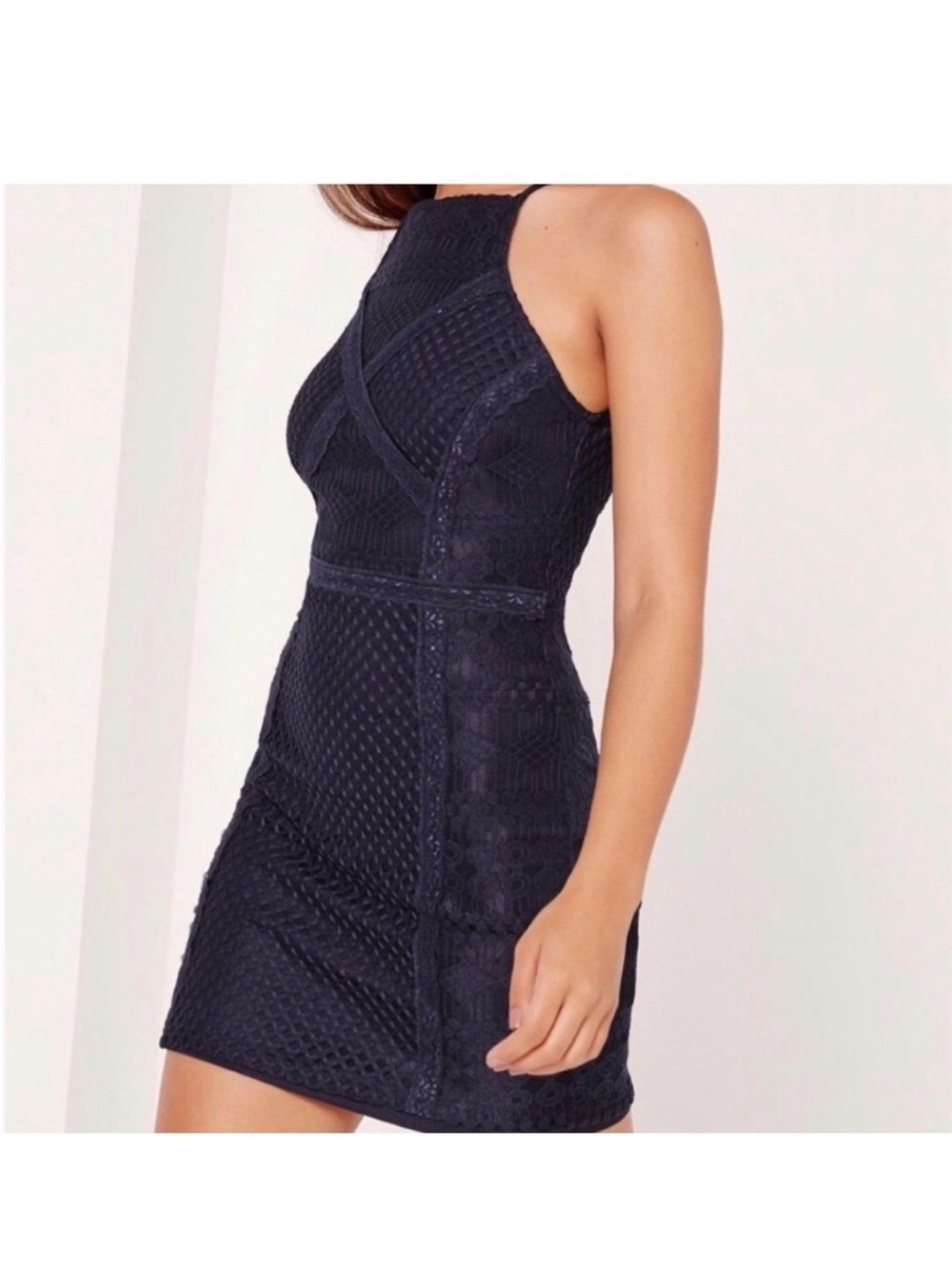 Missguided Black Fitted Lace and Crochet Mini Bodycon Dress Size 8